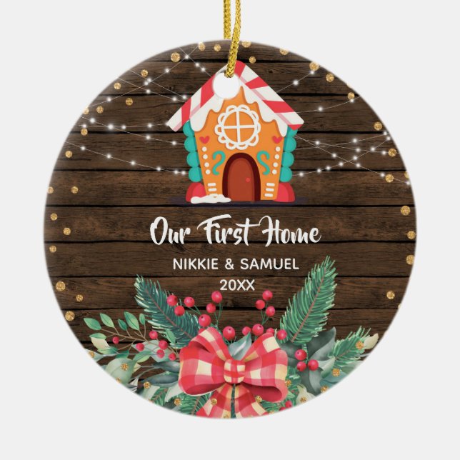 Rustic Wood Christmas Our First Home Ceramic Ornament (Front)