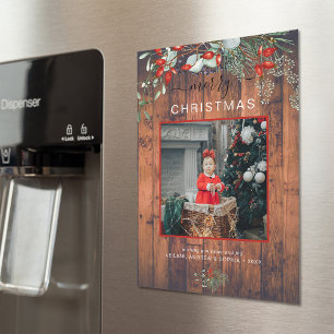 Rustic Wood Christmas Photo Magnet Greeting Card