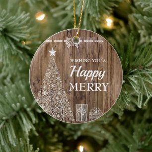 Rustic Wood Christmas Tree Holiday Season Ceramic Ornament