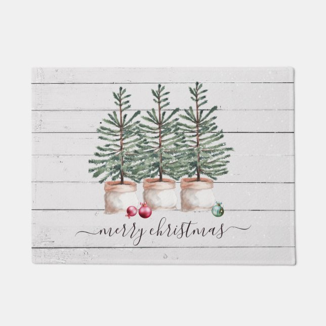 Rustic Wood Christmas Trees Christmas Holiday Doormat (Front)