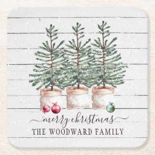 Rustic Wood Christmas Trees Family Name Square Paper Coaster