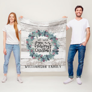 Rustic Wood Christmas Wreath Family Name Fleece Blanket