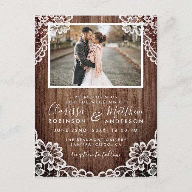 Rustic Wood & Classy Lace Wedding Photo Invitation Postcard (Front)