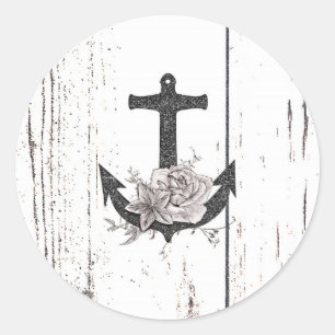 Rustic Wood Coastal Beach Anchor Vintage Floral Classic Round Sticker
