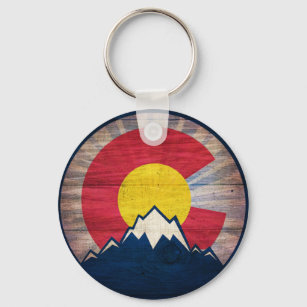 Rustic wood Colorado flag mountains keychain