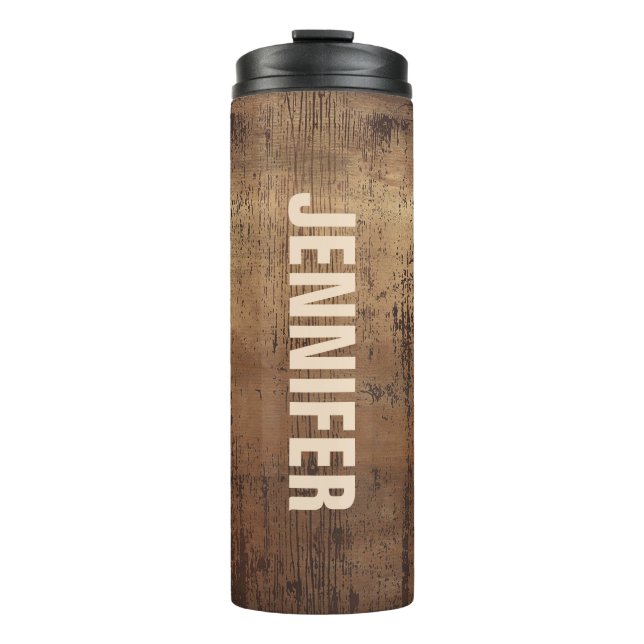 Rustic Wood Colour Base and Name Thermal Tumbler (Front)