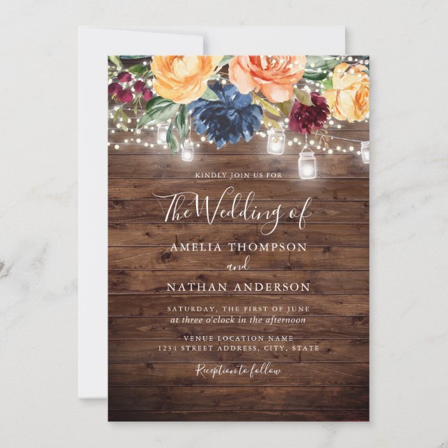Rustic Wood Colour Floral Lights Wedding Invitation (Front)