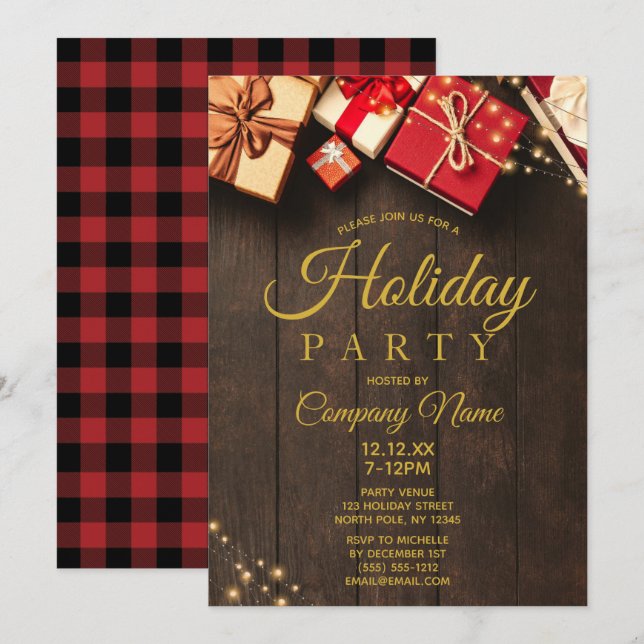 Rustic Wood Corporate Gold Holiday Christmas Party Invitation (Front/Back)
