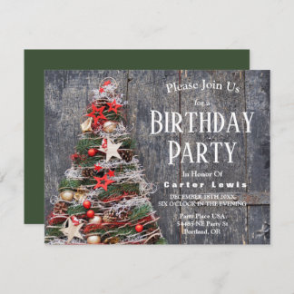 Rustic Wood Country Christmas Tree Stars Birthday Invitation