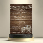 Rustic Wood Country Mason Jar Lights Wedding Invitation<br><div class="desc">Having that rustic / country wedding theme?  Beautiful wedding invites (invitation) cards with twinkle lights and two mason jars with faux diamond hearts. Wood panel background.  Font,  size and color of text can be changed. Back of card has both bride and groom's names.  Contact designer for help.</div>
