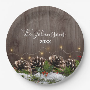 Rustic Wood Country Pines Lights & Snow Christmas Paper Plate