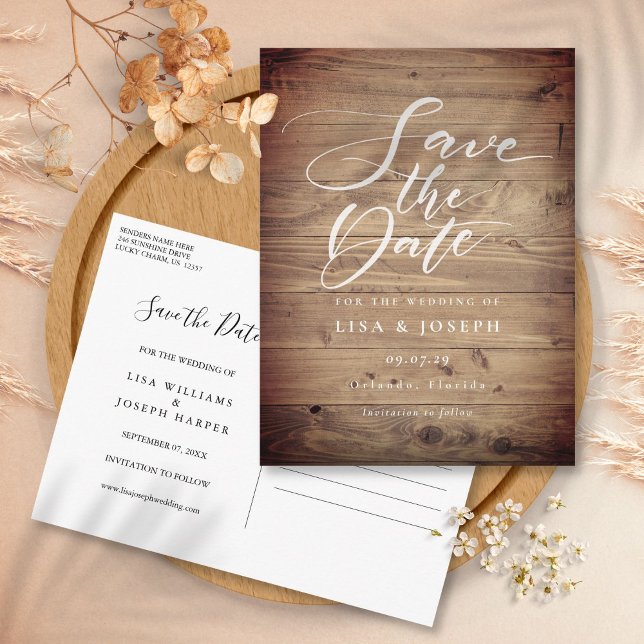 Rustic Wood Country Script Save the Date Postcard (Rustic Wood Country Script Save the Date Postcard)