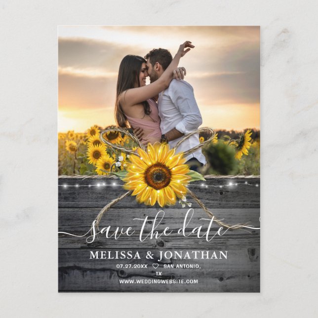 Rustic Wood Country Sunflower Photo Save the Date Postcard (Front)