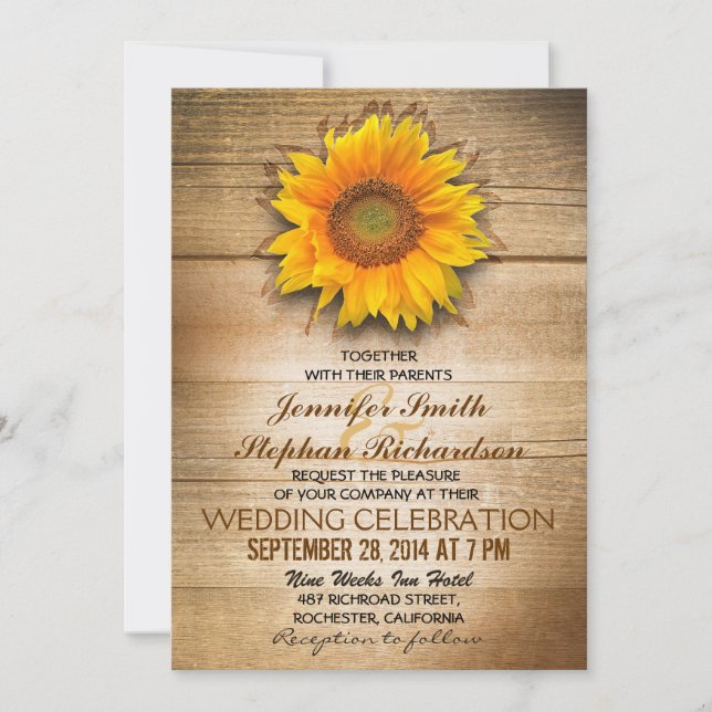 rustic wood country sunflower wedding invitations (Front)