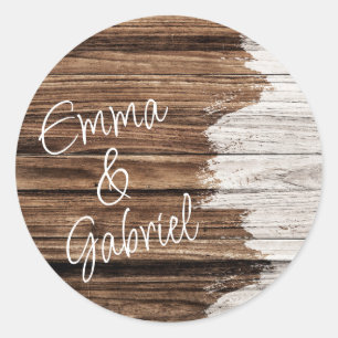 Rustic Wood Couple Name Classic Round Sticker