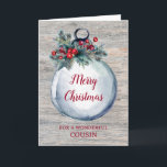 Rustic Wood Cousin Merry Christmas Card<br><div class="desc">Merry Christmas for cousin card with rustic country chalkboard wood pattern and watercolor christmas ornament with winter foliage and holly.</div>
