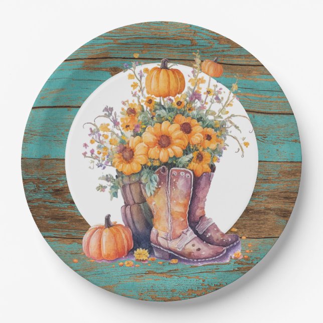 Rustic Wood Cowboy Boots Pumpkins Fall Paper Plate (Front)