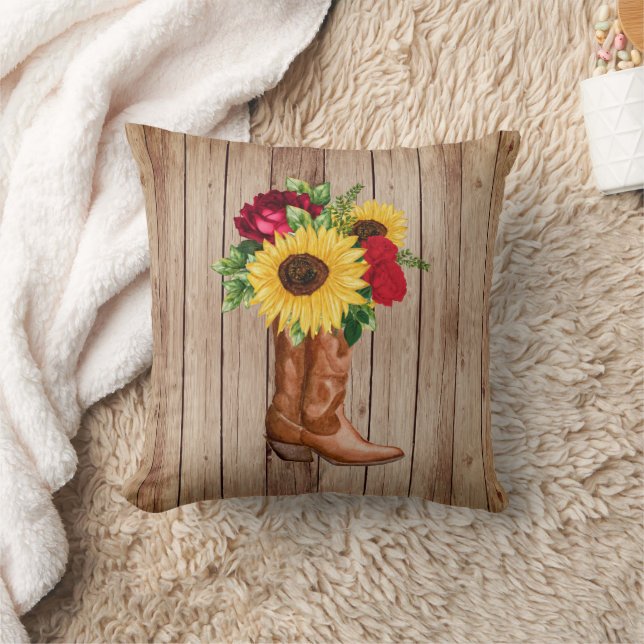 Rustic Wood Cowgirl Boots Sunflowers Red Roses Throw Pillow (Blanket)