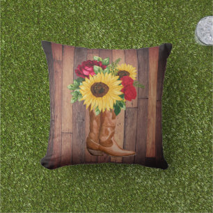 Rustic Wood Cowgirl Boots Sunflowers Roses Outdoor Pillow