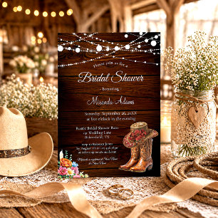 Rustic Wood Cowgirl Boots Western Bridal Shower Invitation