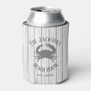 Rustic Wood Crab Beach House Can Cooler