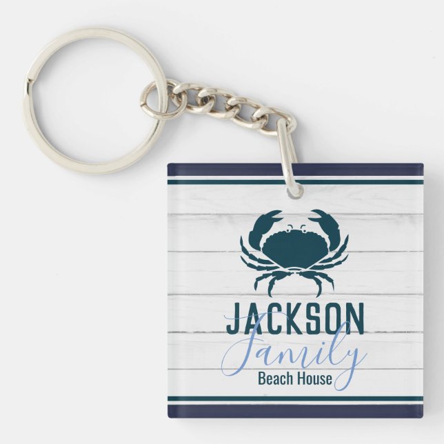 Rustic Wood Crab Custom Family Coastal Keychain (Front)