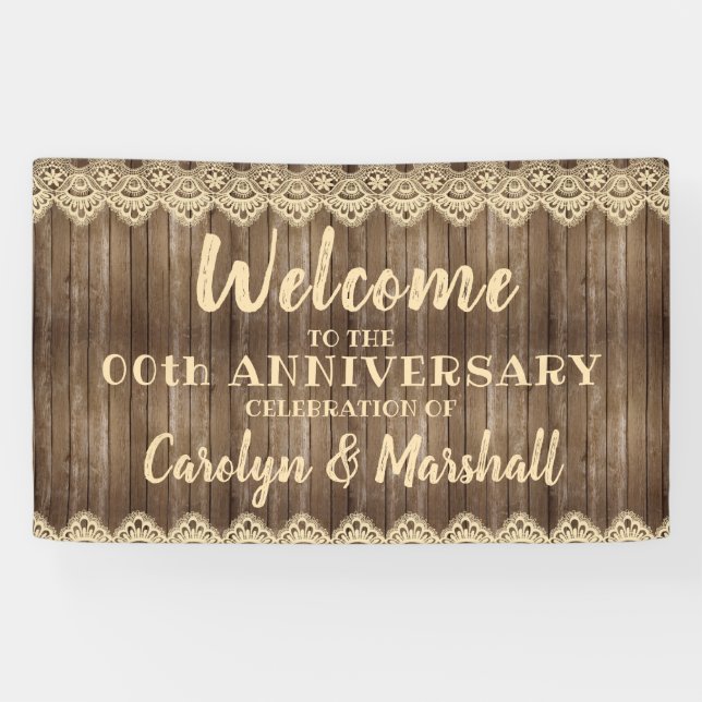 Rustic Wood & Cream Lace ANY Anniversary Banner (Horizontal)