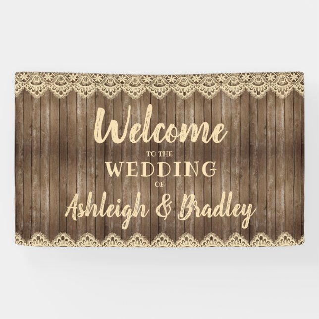 Rustic Wood Cream Lace Wedding Welcome Banner (Horizontal)