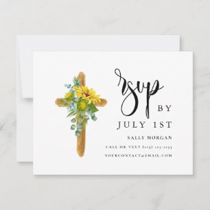 Rustic Wood Cross Elegant Script Baptism RSVP Card