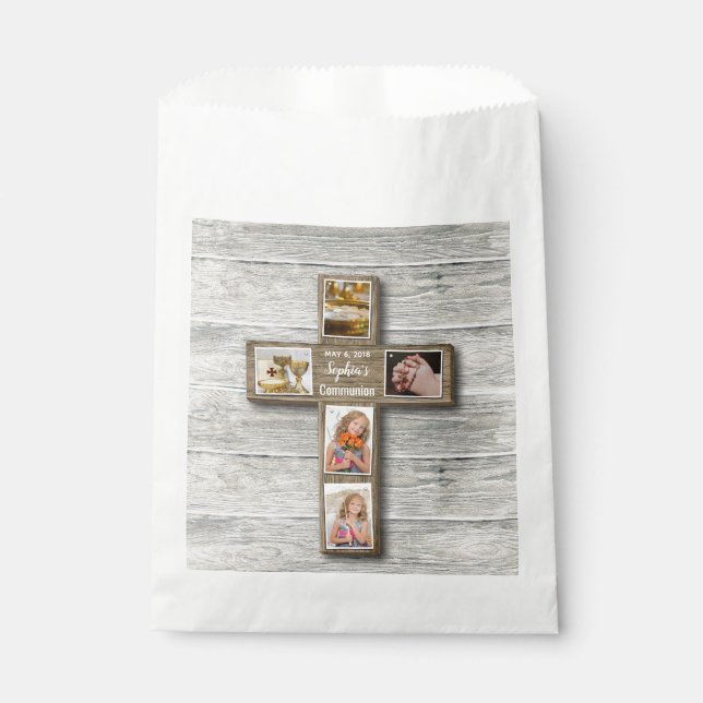 Rustic Wood Cross First Communion Photo Favour Bag (Front)