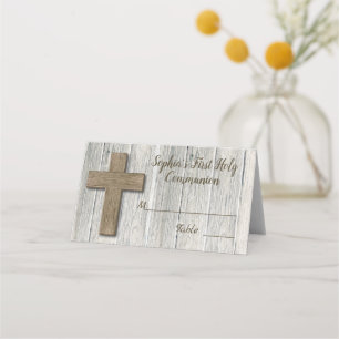 Rustic Wood Cross First Communion - Place Card