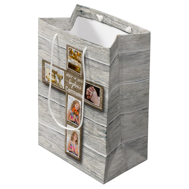Rustic Wood Cross First Holy Communion Photo Medium Gift Bag (Front Angled)