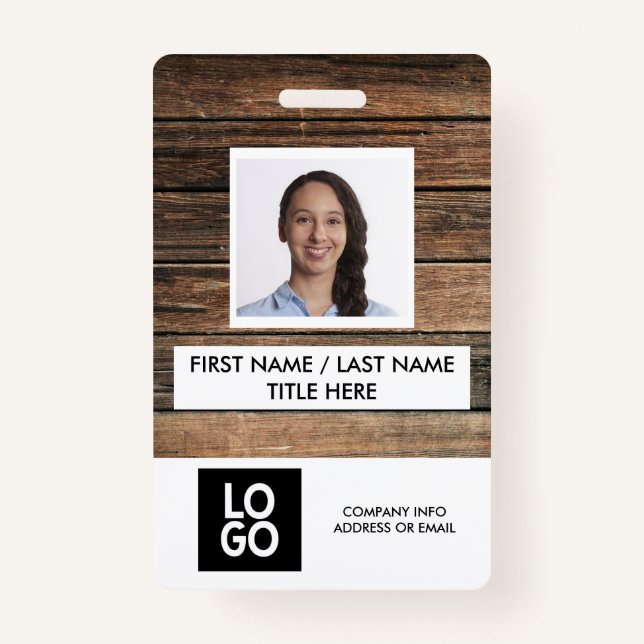 Rustic Wood Custom Employee Photo Name Badge (Front)