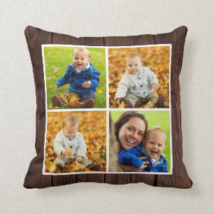 Rustic Wood Custom Fall Family Photo Collage Throw Pillow
