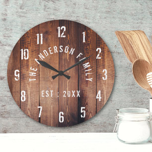 Rustic Wood Custom Family Name Farmhouse Round Clock