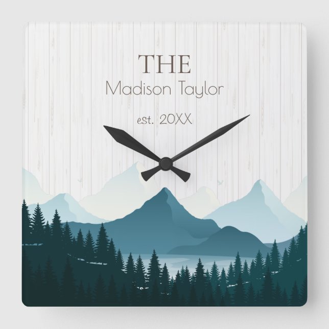 Rustic Wood Custom Family Name Square Wall Clock (Front)