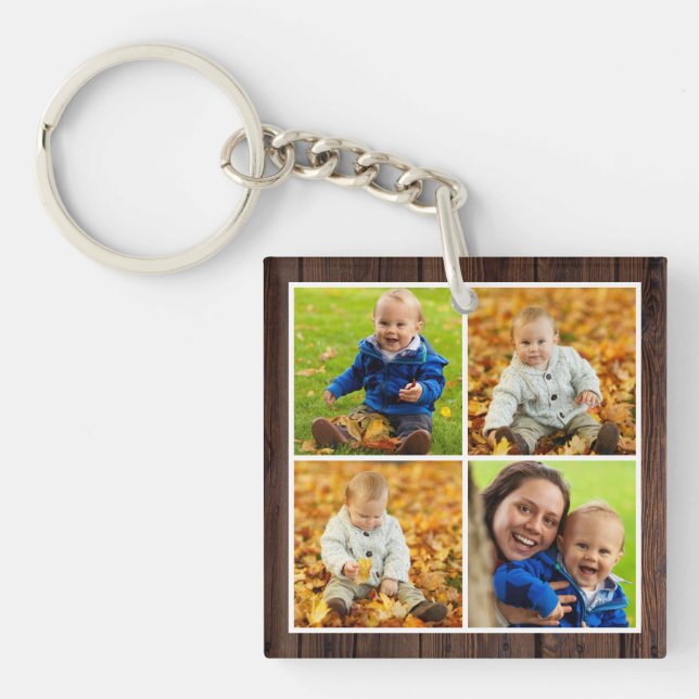 Rustic Wood Custom Monogram Family Photo Collage Keychain (Front)