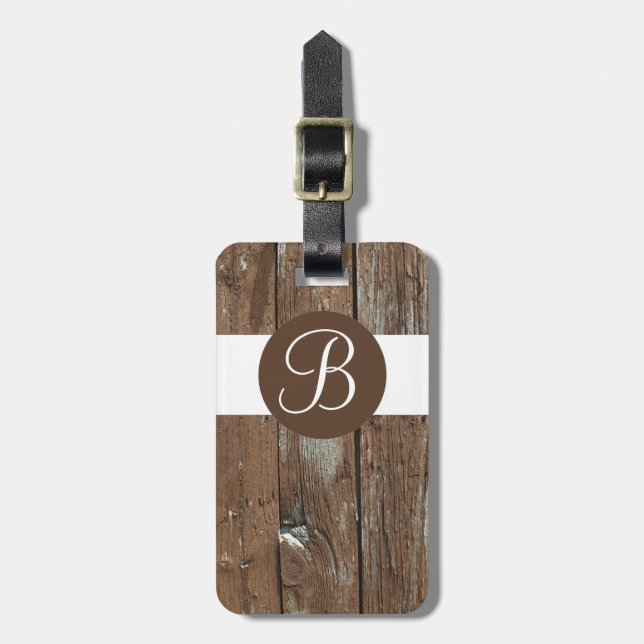 Rustic wood custom monogram luggage tag (Front Vertical)