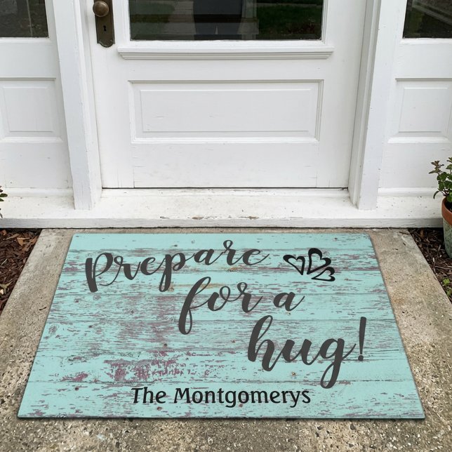 Rustic Wood Custom Name Fun Prepare For A Hug Doormat (Personalized rustic green wood designed doormat.)