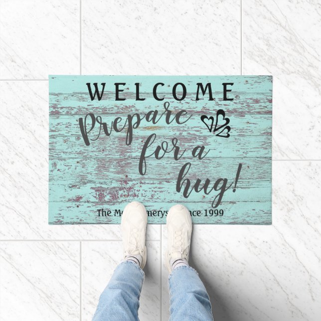 Rustic Wood Custom Name Prepare For A Hug Welcome Doormat (Indoor)