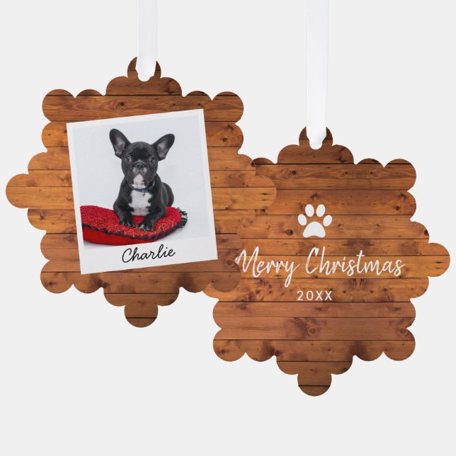 Rustic Wood Custom Pet Cat Dog Photo Ornament Card (Front/Back)