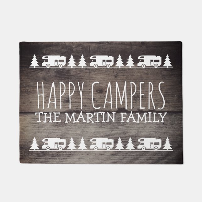 Rustic Wood Custom RV Camping | Happy Campers Doormat (Front)