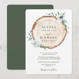 Rustic Wood Cut & Green Watercolor floral Wedding Invitation