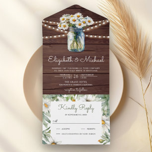 Rustic Wood Daisies Floral Mason Jar Wedding All In One Invitation