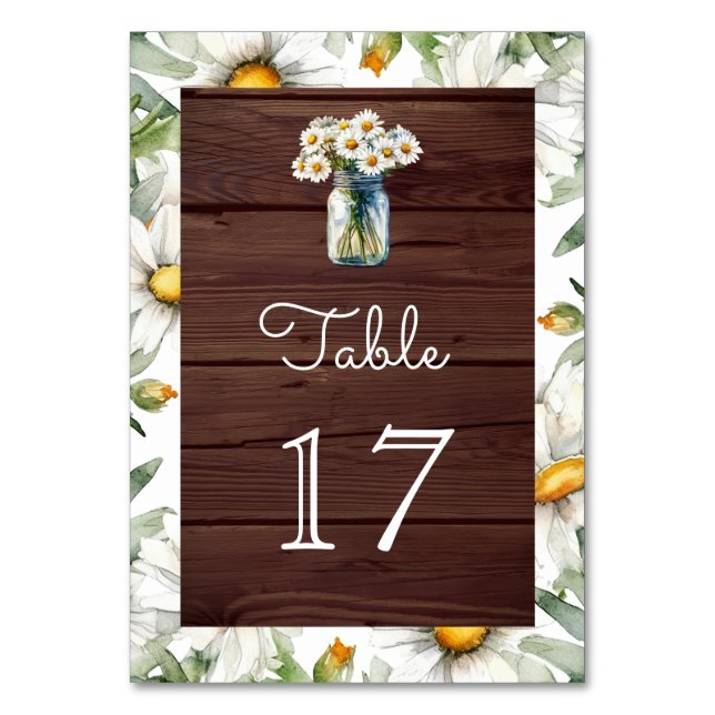 Rustic Wood Daisies Floral Mason Jar Wedding Table Number (Front)