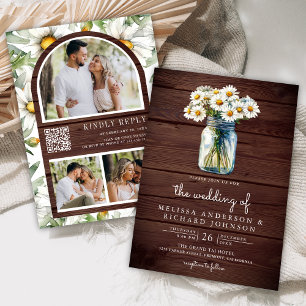 Rustic Wood Daisies Mason Jar QR Code Wedding Invitation