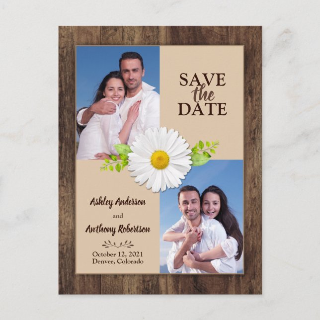 Rustic Wood Daisy Photo Save the Date Postcard (Front)