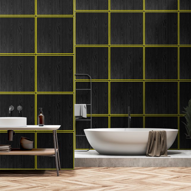 Rustic Wood Dark Brown Yellow Tiles Pattern Trendy Wallpaper (Bathroom)