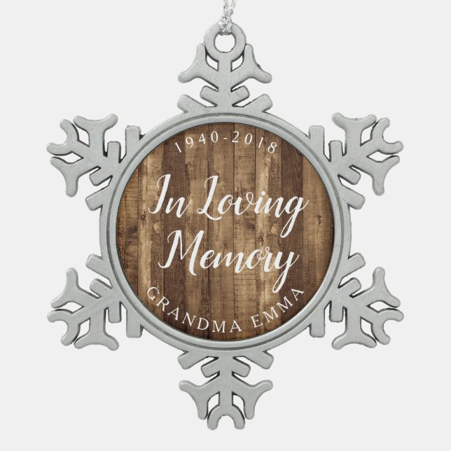 Rustic Wood Dated Personalized Memorial Snowflake Pewter Christmas Ornament (Front)