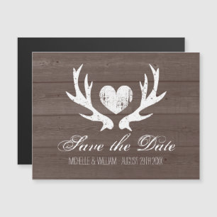 Rustic wood deer antler wedding save the date magnetic invitation